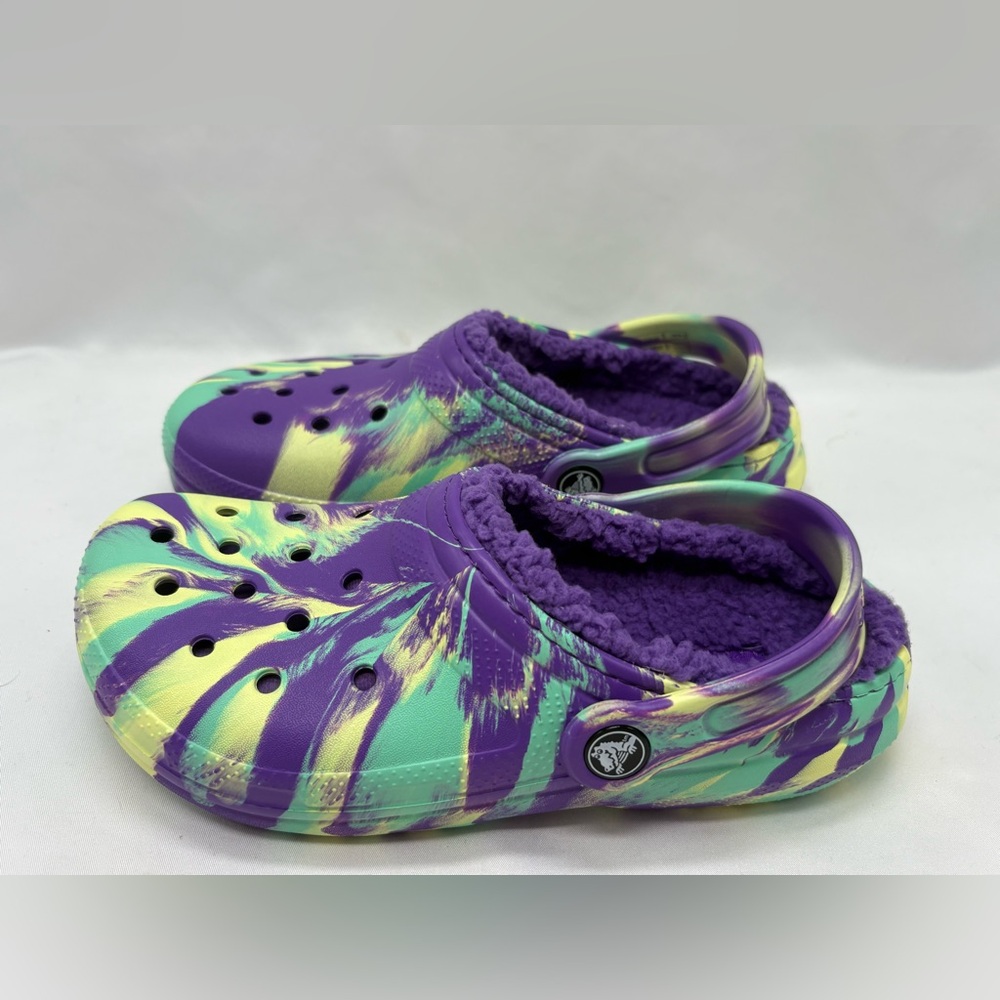 Crocs Classic Lined Clogs Girls Sz J3 Purple Teal Yellow Rubber Slip On Shoes - Picture 2 of 7